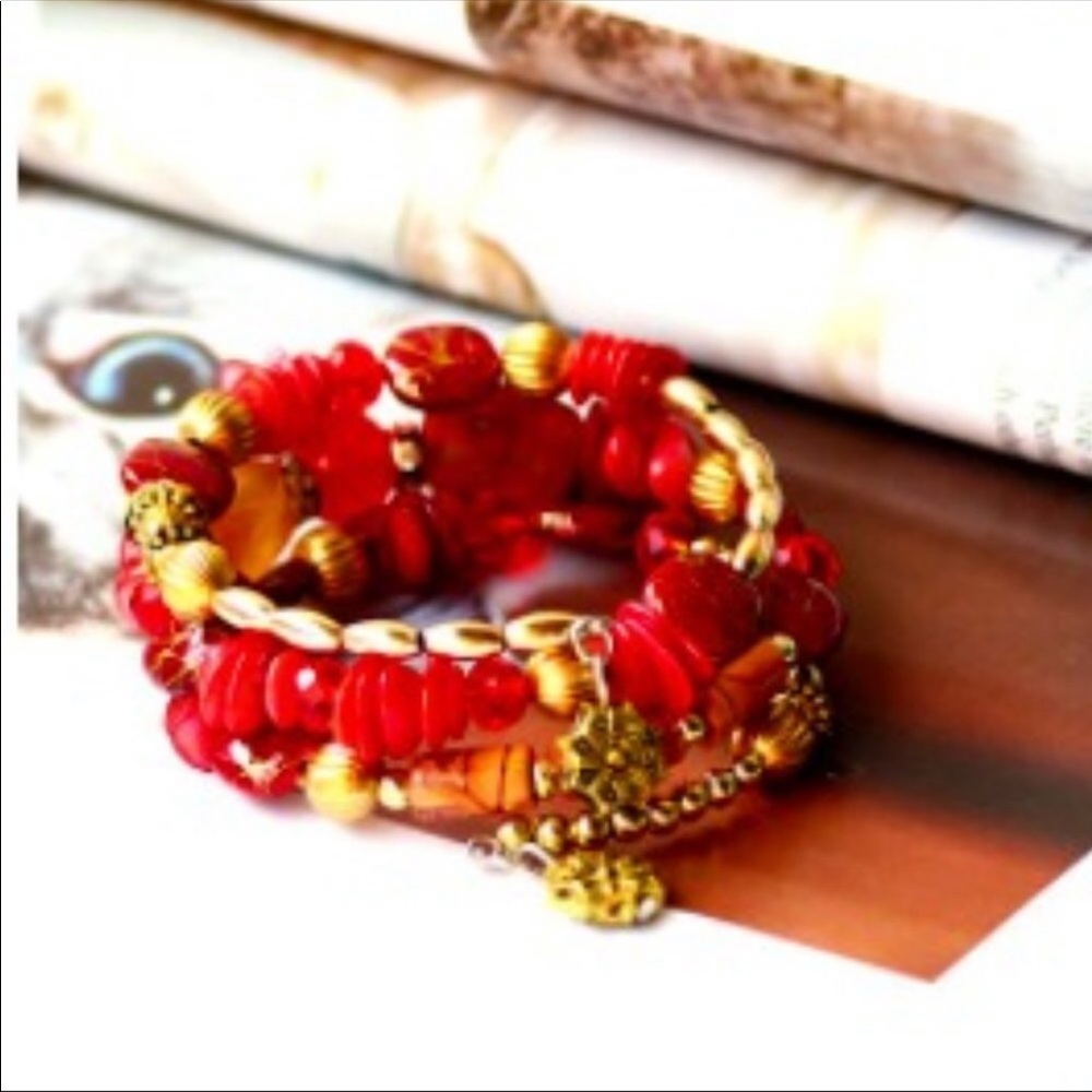 Red Natural Stone Layered Wrap Bracelets